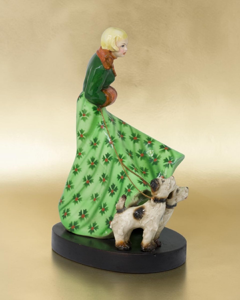 Figura di Donna Con Due Cani - Ceramica Policroma - Italia Anni 30-photo-3